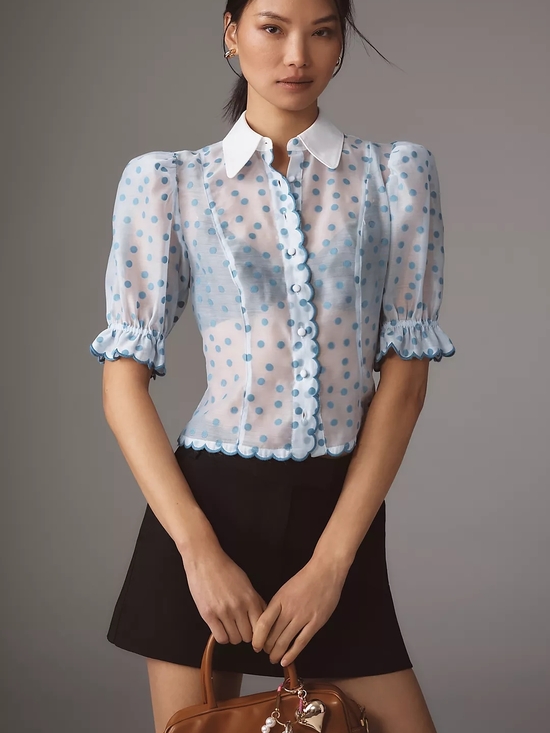Maeve Tops - MAEVE by Anthropologie Blue Puff Shoulder Collared Polka Dot Sheer Blouse
